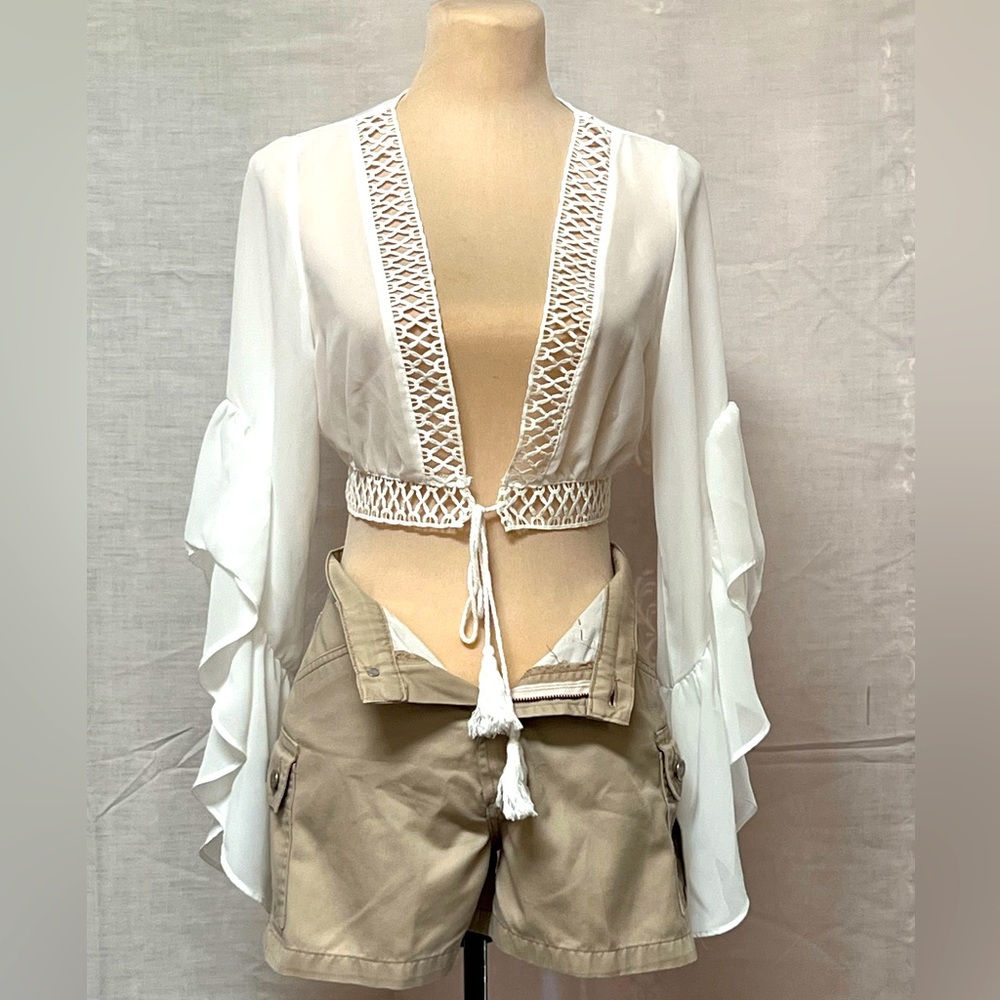 SHEIN Flounce Sleeve Tie Front Chiffon Blouse